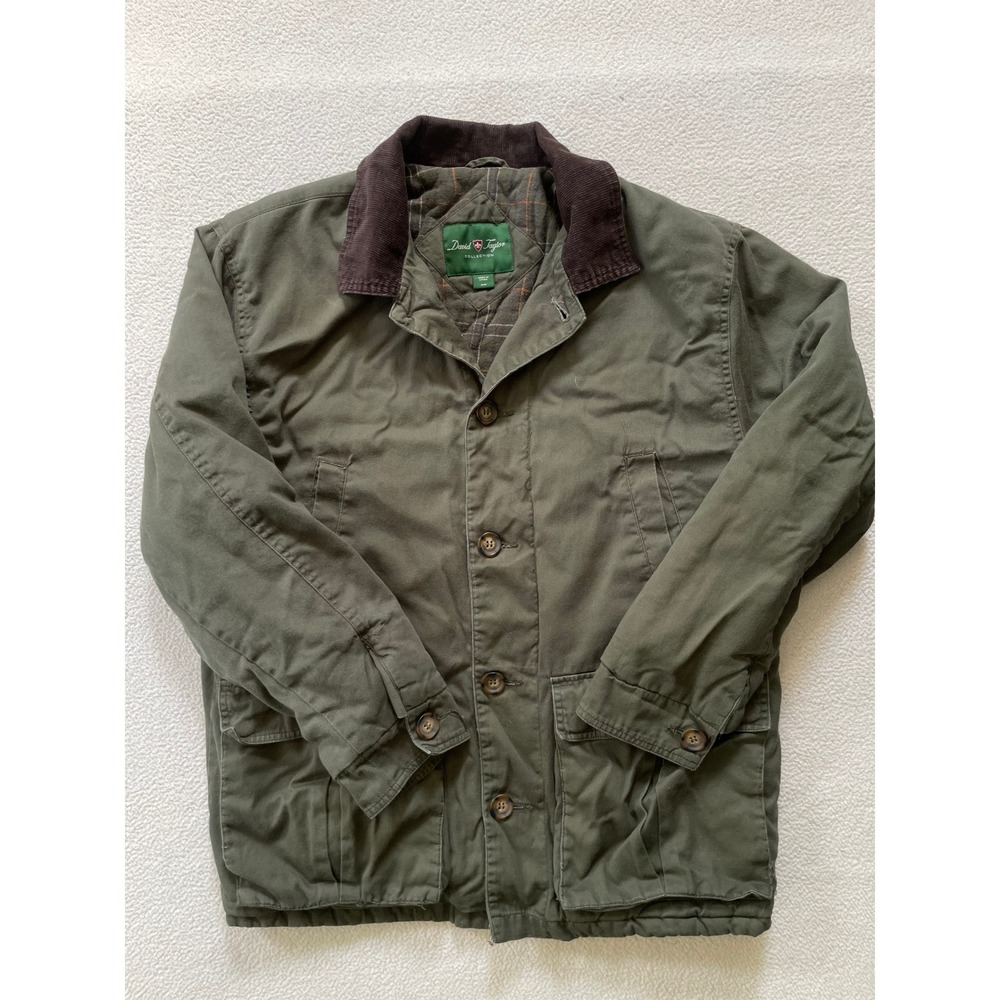 David Taylor Mens Medium Barn Jacket Green Corduroy Collar Plaid Lined Canvas